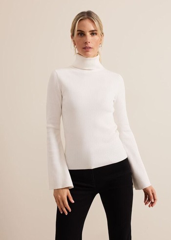 Phase Eight Fran Fluted Sleeve Ribbed Roll Neck Knitwear White Australia | IR8426730